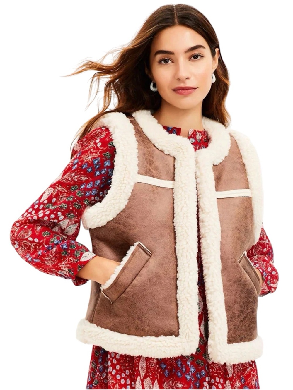 LOFT Faux Leather Suede Sherpa Open Vest Brown Cream Size M